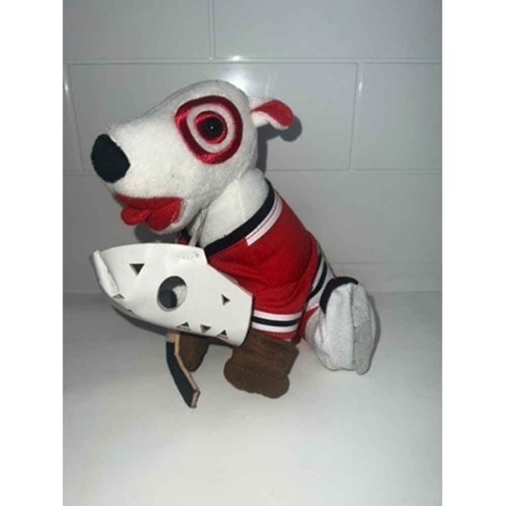 Target Bullseye Dog Plush Hockey Goalie Mascot Red Jersey White Mask 7 Inch